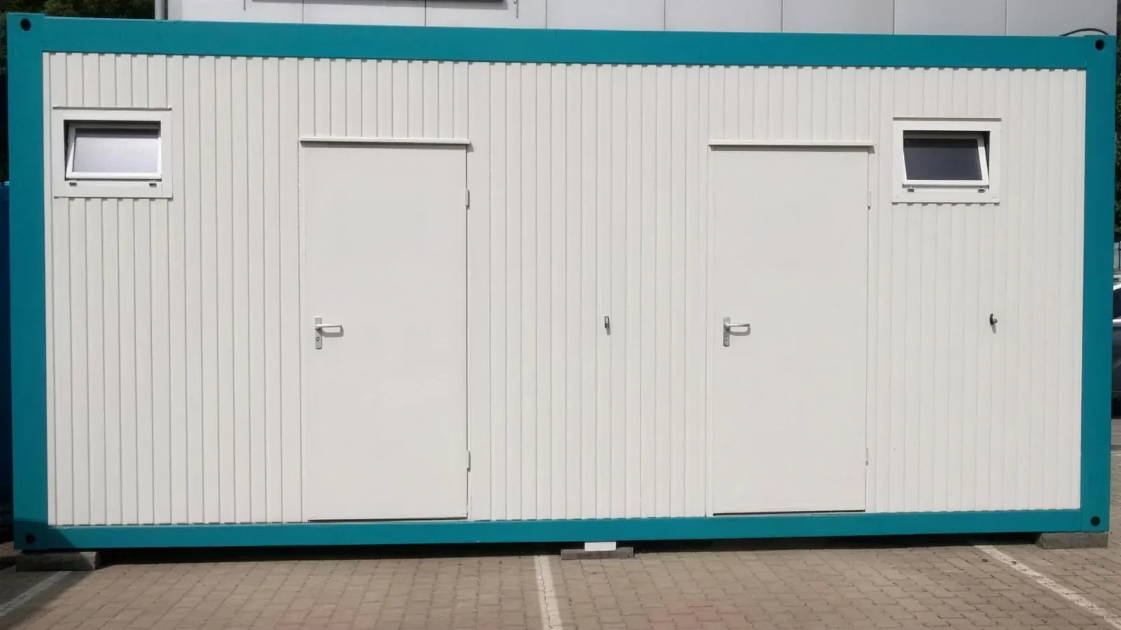 Außenansicht eines aufgestellten Sanitärcontainers