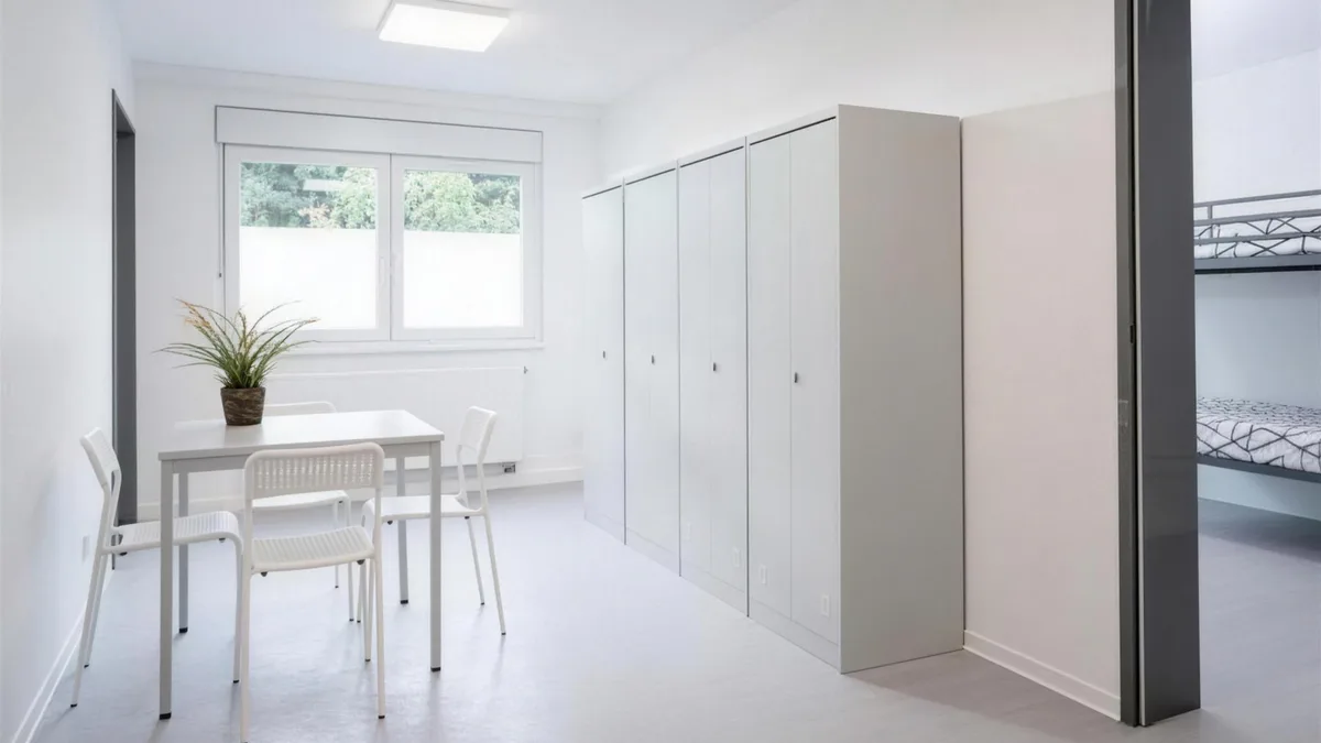 Aufenthaltsraum in einem modularen Sozialgebäude