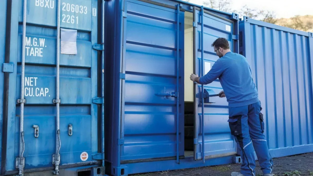 Lagercontainer mit geöffneter Tür und Regalen