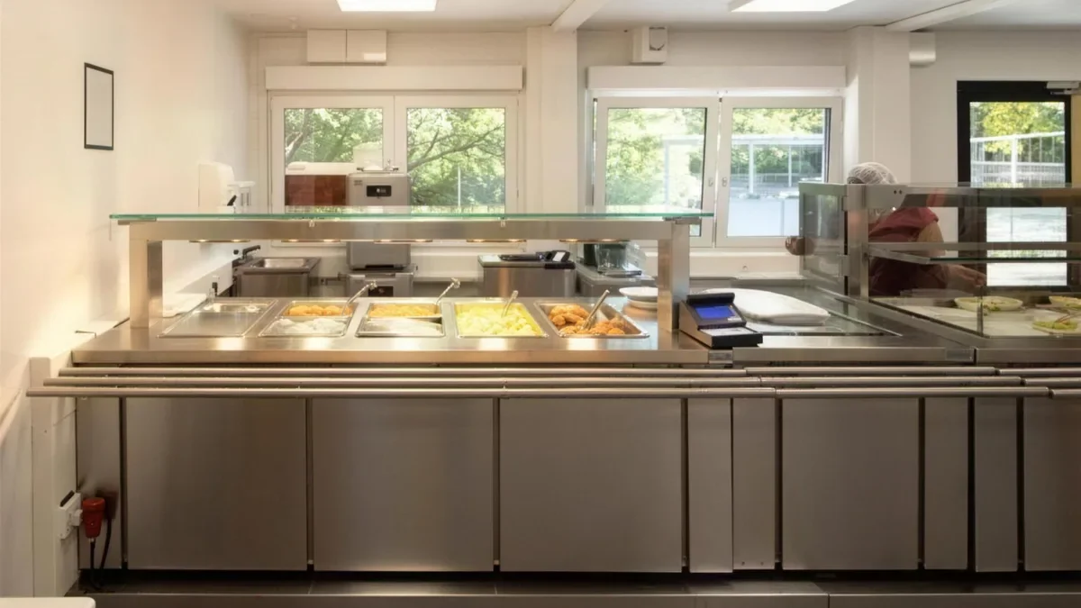 Speisebereich einer modularen Mensa mit Tischen und Stühlen