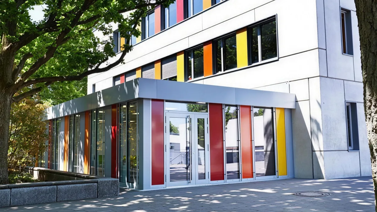 Designpaket-Beispiel: farbig gestaltete Fassade eines Raumsystems