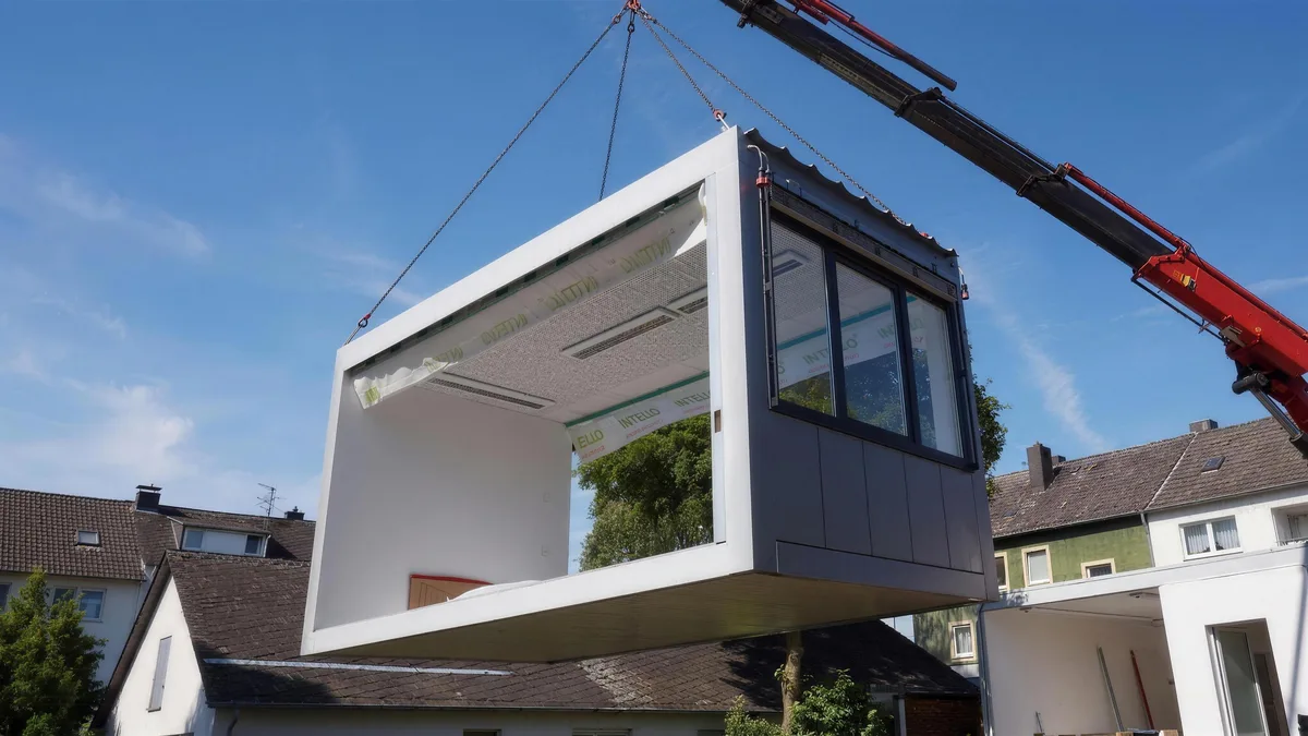 Arbeiten an einem temporären Raumsystem von Container Rent Petri