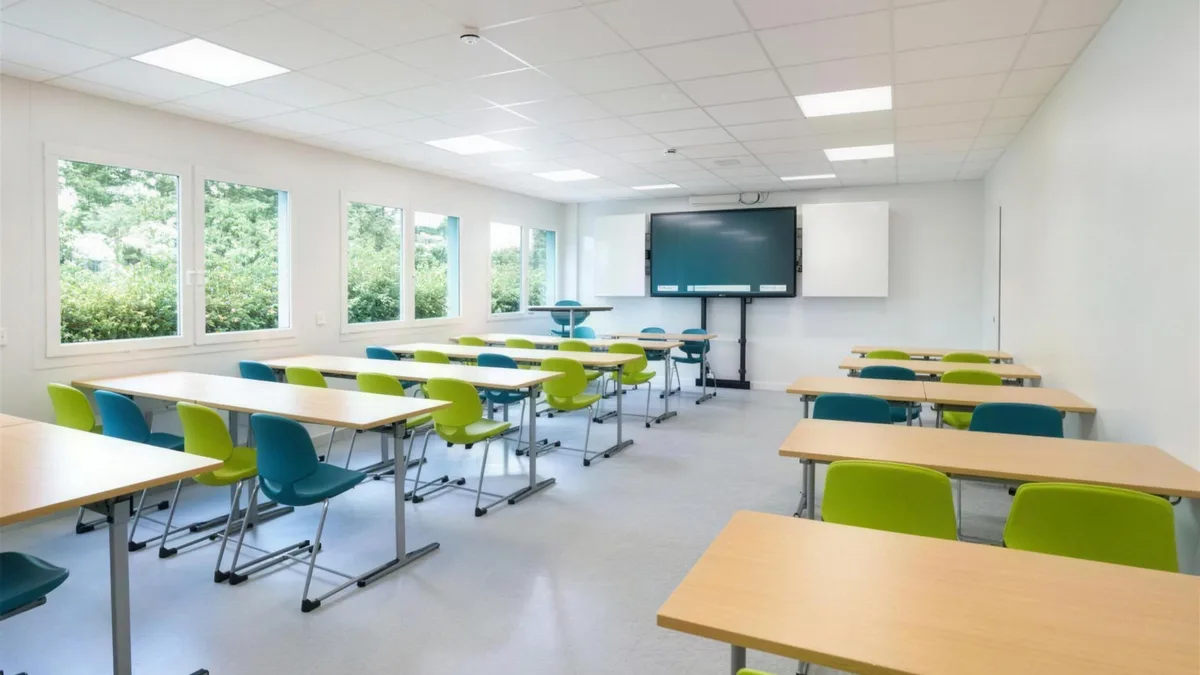 Klassenraum mit Schülerinnen und Schülern in einem mobilen Raumsystem von Petri