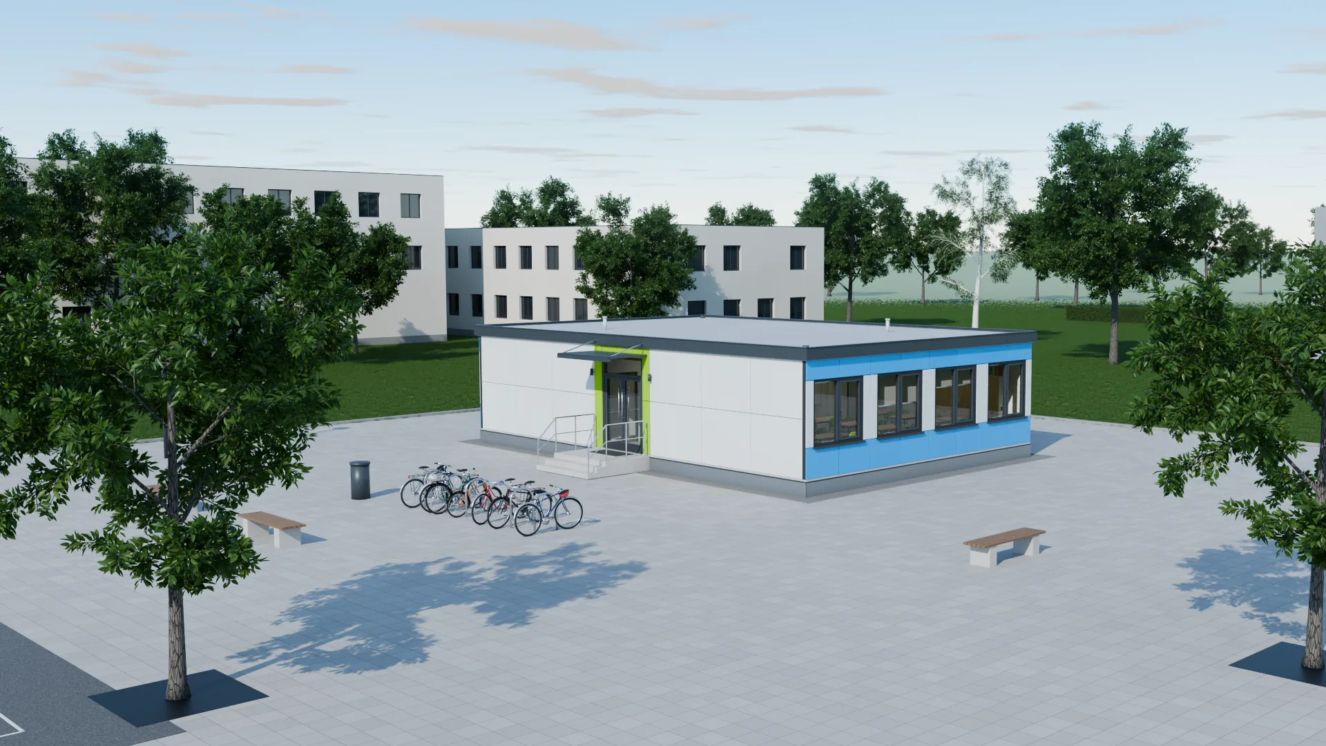 Fotorealistische Ansicht eines modularen Schulgebäudes mit zwei Klassenräumen auf einem Schulhof, Fassade in Grün und Blau